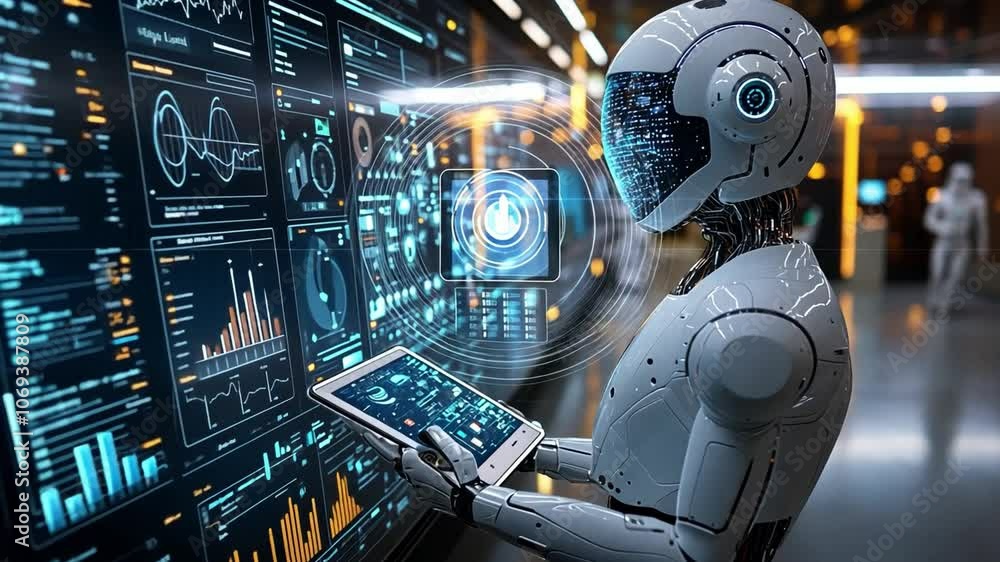 Poster a robotic figure analyzing data on a futuristic interface in a high-tech lab environment