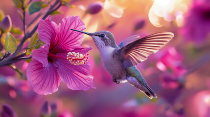 Fototapeta premium Hummingbird hovering near pink hibiscus flower in sunlit garden at dawn