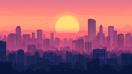 Fototapeta premium Sunset view of a city in flat anime style. 
