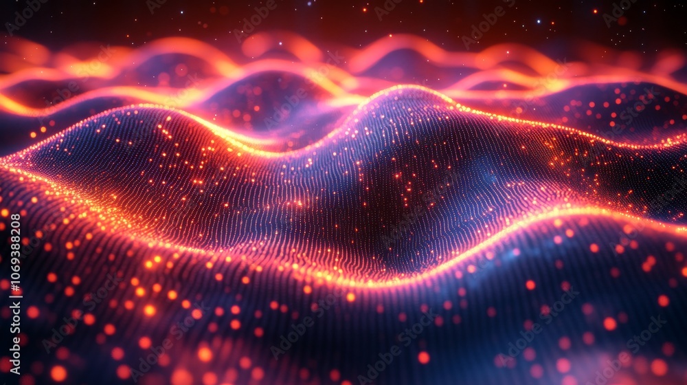 Poster abstract digital wave pattern with glowing particles, futuristic technology concept