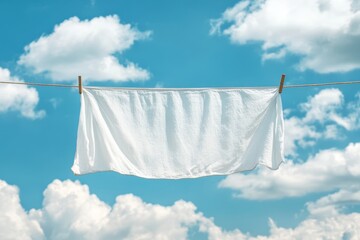 White fabric draped against a bright blue sky with fluffy clouds in a professional photography style