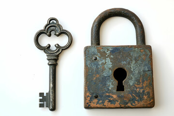 Ancient rusty padlock and ornate key resting on a white background