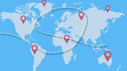 A plane flies a route across many global locations.