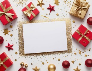 Festive flat lay featuring red and gold gifts surrounded by glitter and Christmas decorations.