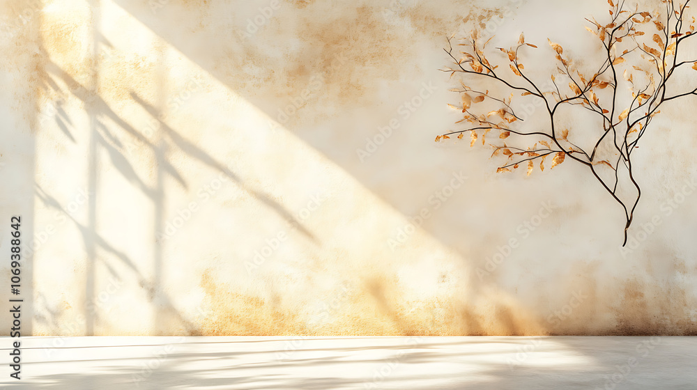 Poster painting of light reflection on wall with branch, watercolor pastel colors aesthetic minimalism back