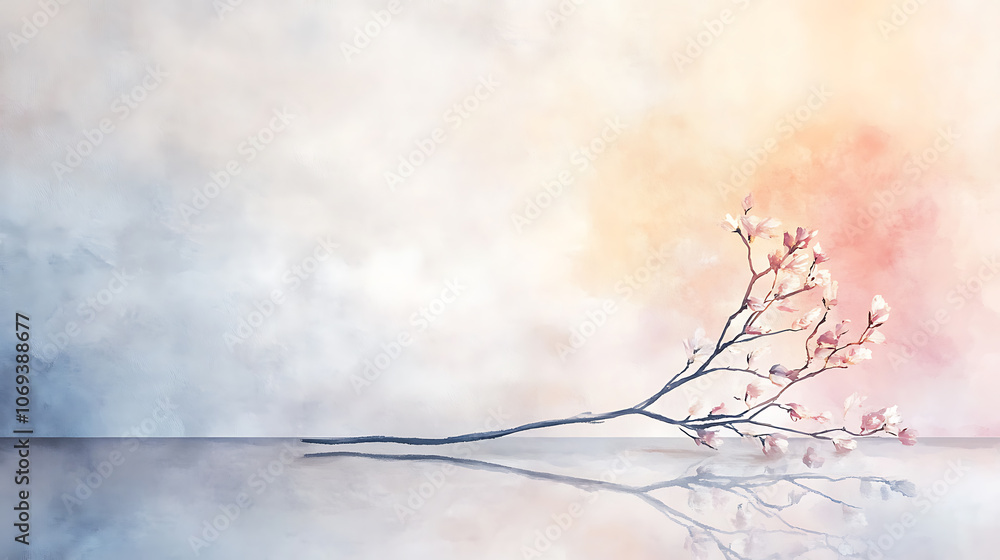 Poster painting of light reflection on wall with branch, watercolor pastel colors aesthetic minimalism back