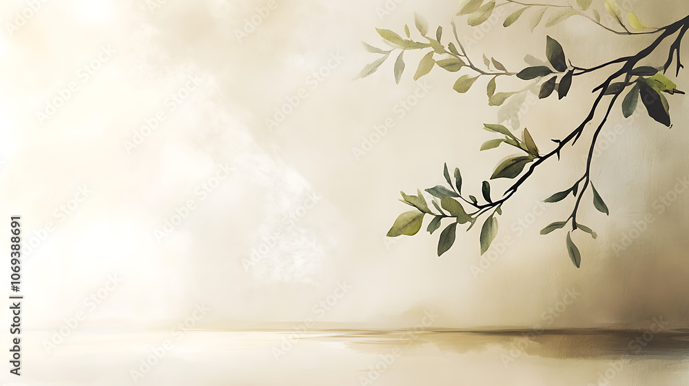 Poster painting of light reflection on wall with branch, watercolor pastel colors aesthetic minimalism back