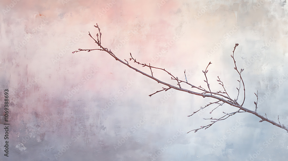 Poster painting of light reflection on wall with branch, watercolor pastel colors aesthetic minimalism back