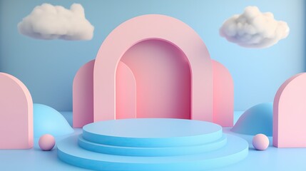 Minimalist abstract background, primitive geometrical figures. Scene with pastel color. Podium for product display