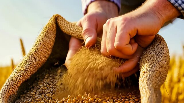Close-up view of a farmer's hands clutching a burlap sack brimming with golden wheat grains, symbolizing hard work and agricultural bounty during a sunny day.