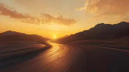 Fototapeta premium Scenic curved highway asphalt road with golden sky and mountain in the sunset