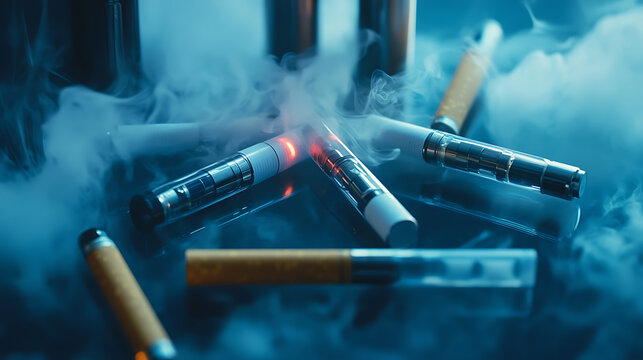 Synthetic nicotine concept, Various disposable electronic cigarettes, modern alternative smoking, vaping and nicotine