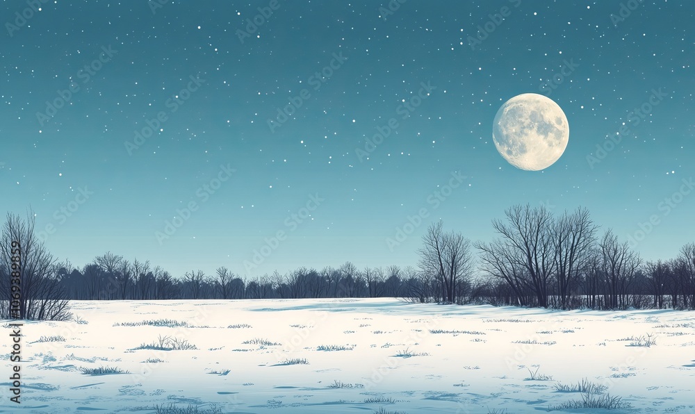 Poster tranquil winter scenes with a full moon and clear skies, where the main part of the image is a plain