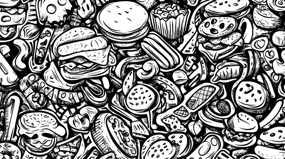 Poster funny doodle pattern of fast food in different sizes