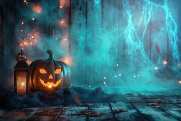 Halloween pumpkins on wooden background with blue bokeh lights.