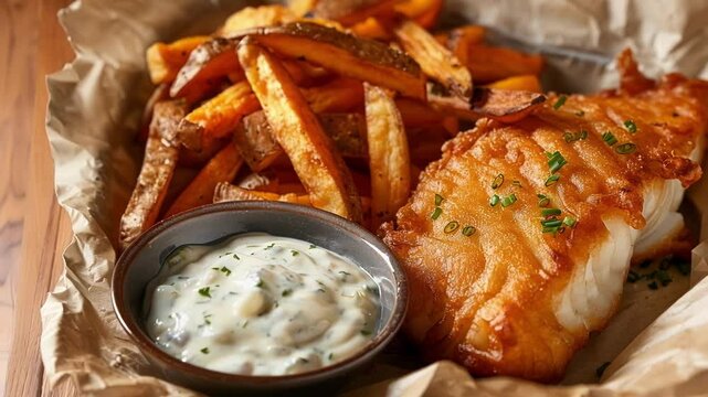 Serving crispy fried fish and chips with tartar sauce on a rustic wooden table, this delicious meal is perfect for lunch or dinner