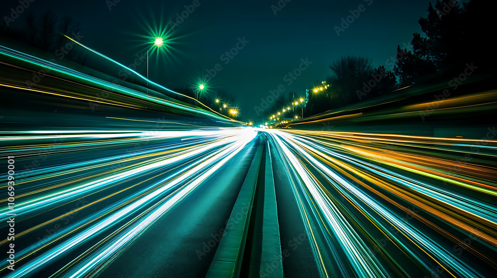 Poster green and white light lines with the green lines streaking at the edges