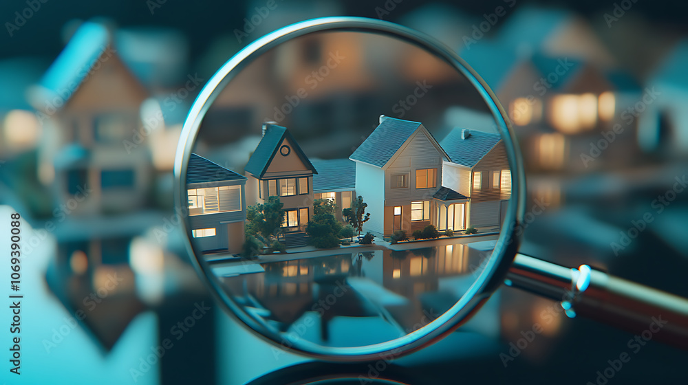 Poster magnifying glass with a set of model houses under it