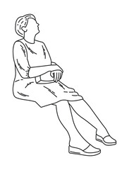 Lonely grandmother is sit on chair waiting someone, side view, sketch