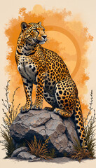 Naklejka premium An elegant leopard resting on a rock symbolizes wild beauty and tranquility