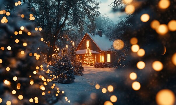 Outdoor Christmas scene with snow-covered trees, holiday lights, and a warmly lit home in the background