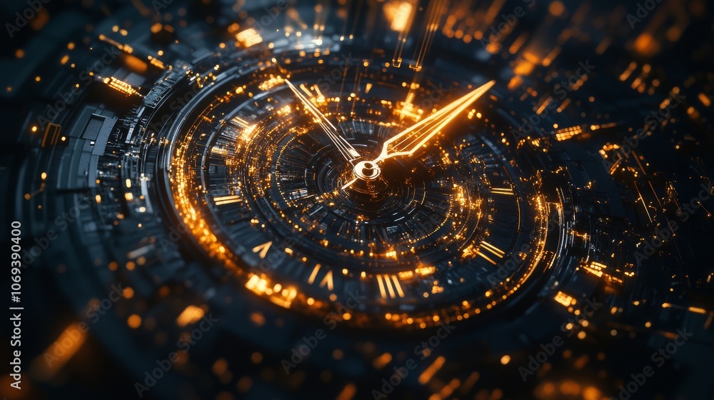 Poster a digital clock design with futuristic, tech-inspired elements.