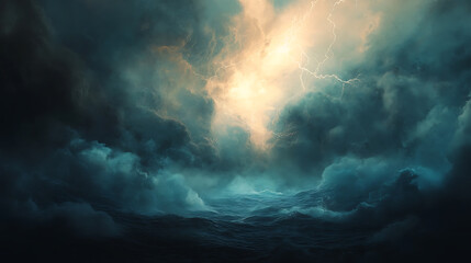 Fototapeta premium stormy sea, thick clouds and bright lightning