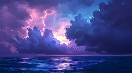 stormy sea, thick clouds and bright lightning
