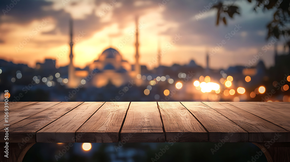 Aufkleber wooden table on a blurred background with a mosque and bokeh lights, ramadan kareem