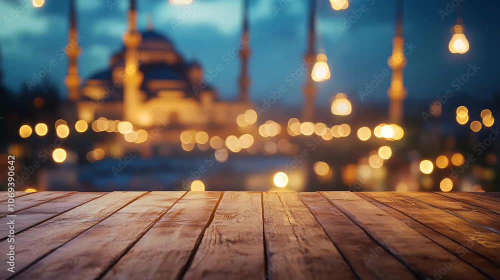 Poster wooden table on a blurred background with a mosque and bokeh lights, ramadan kareem