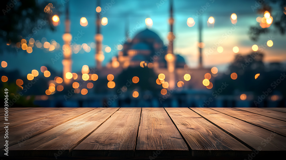 Poster wooden table on a blurred background with a mosque and bokeh lights, ramadan kareem