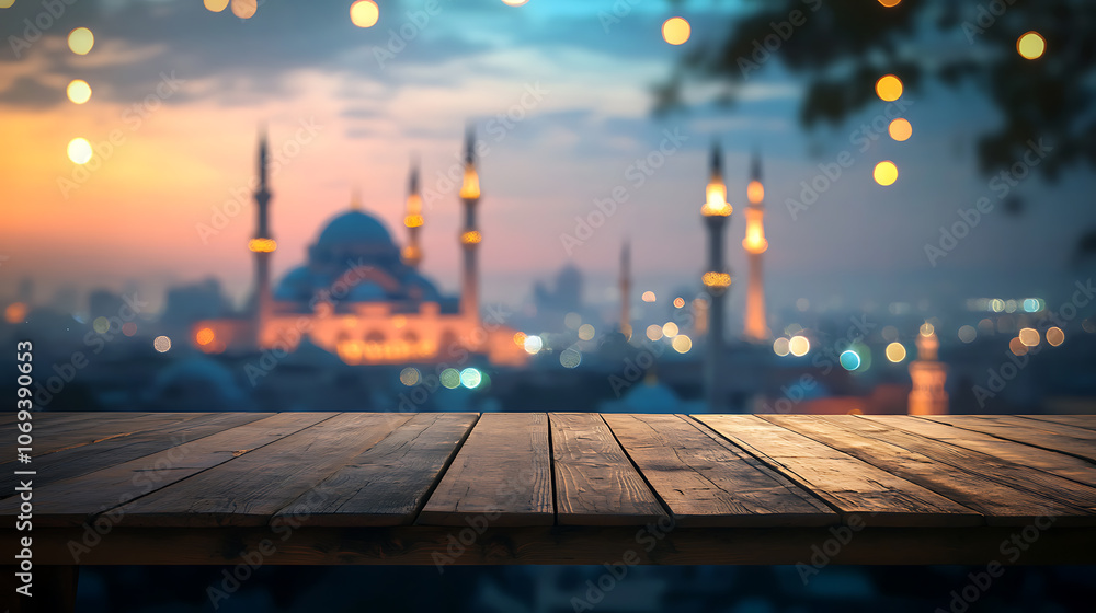 Poster wooden table on a blurred background with a mosque and bokeh lights, ramadan kareem