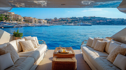 Obraz premium Luxurious yacht view of mediterranean marina with cushioned seating at sunset