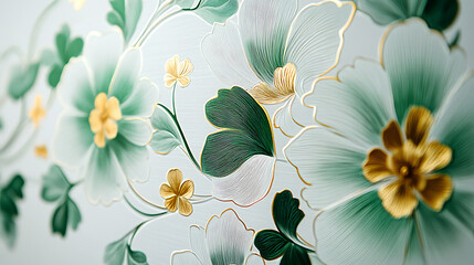 Fototapeta premium white wallpaper with green and golden floral