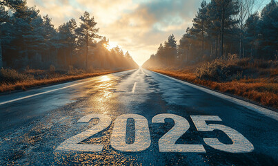 Namalowany na drodze biały napis 2025, na nowy rok © Silent26