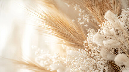A neutral-toned wreath with dried pampas grass, wheat, and feathery grasses.