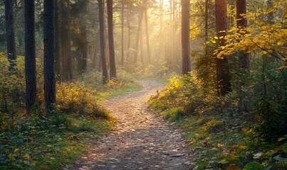 Fototapeta premium Small path through the forest on a sunny autumn morning