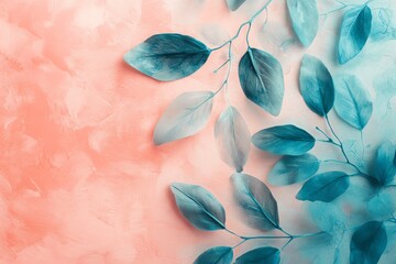 Fond pêche doux avec motifs de feuilles teal pour un design apaisant et naturel..