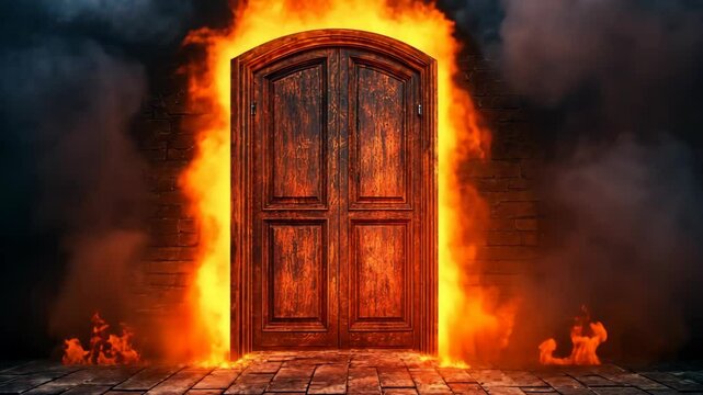 A wooden door stands open in a brick wall engulfed in flames