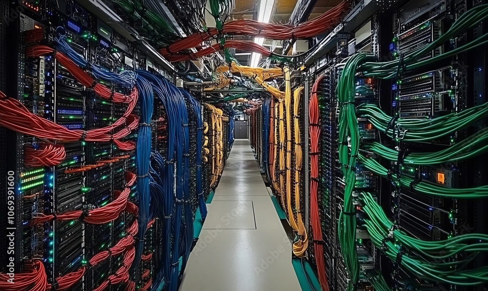 Poster neatly arranged networking cables stretch along the ceiling in a server room, creating an impressive