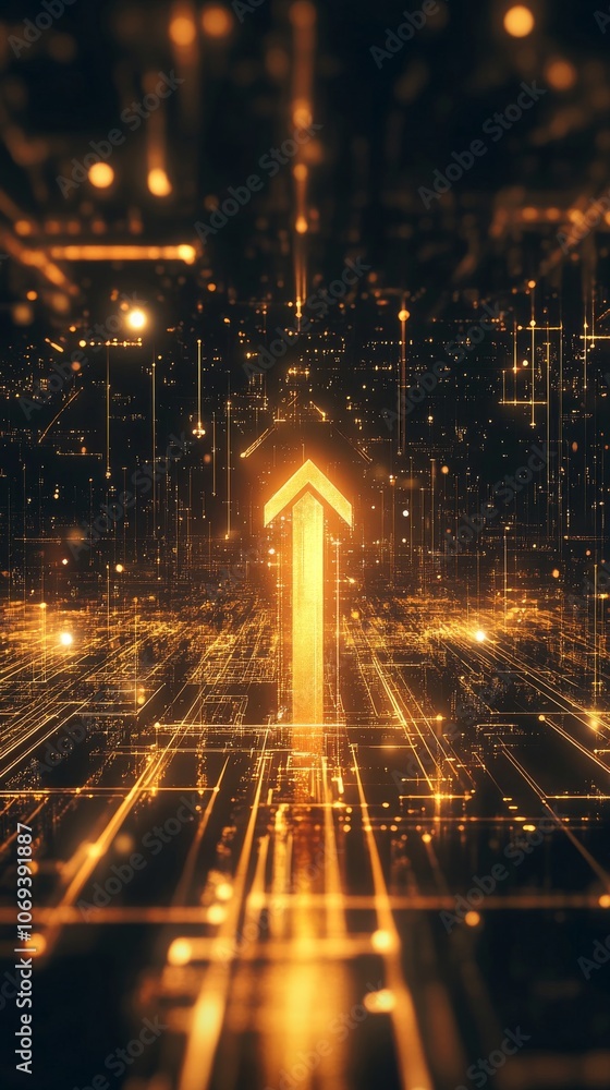 Poster glowing digital arrow pointing upward in a futuristic data network, abstract technology concept