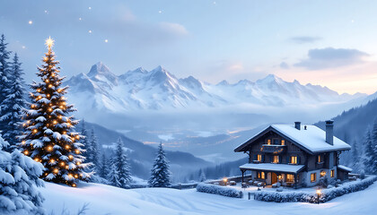 Cozy Mountain Cabin with Christmas Tree in Snowy Winter Landscape