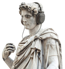 Obraz premium PNG Greek statue holding wearing headphone headphones sculpture photo.
