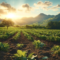 Farm field with vibrant organic crops beneath expansive sunny sky picture