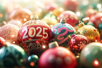 Cheerful 3D design "2025" surrounded by a festive collection holiday ornaments.