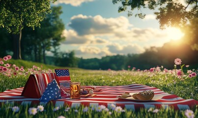 Independence Day picnic with red, white, and blue themed decor