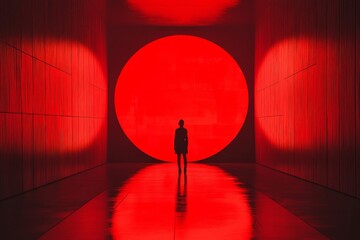 Silhouette in a red corridor with a large glowing circle creates a mysterious futuristic vibe