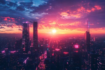 Futuristic cityscape at sunset  neon lights illuminate a cyberpunk skyline against dramatic clouds