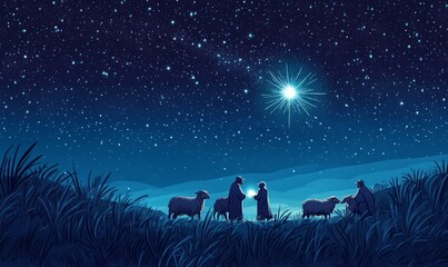 Illustration of shepherds in a peaceful night field under a starry sky, with a bright light symbolizing the angelic announcement of Jesus' birth
