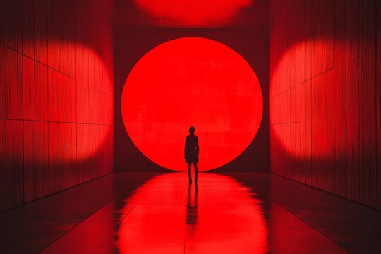 Silhouette in a red corridor with a large glowing circle creates a mysterious futuristic vibe